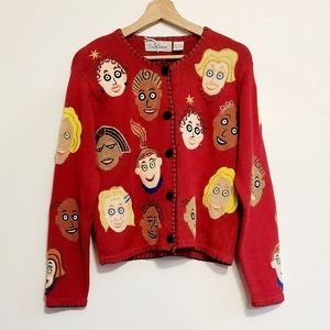 Novelty Red Vintage Cardigan with Silly Faces - Unique and Rare Design